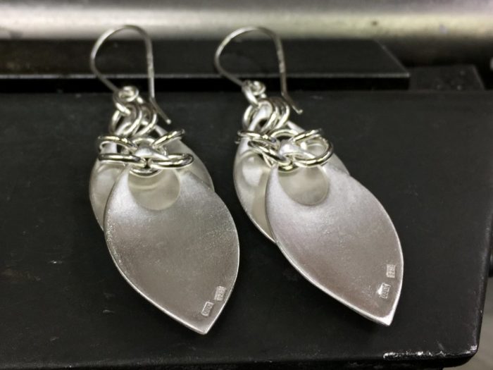 ujo_rocks_double_leaf_earrings_sterling_silver_frosted_hammered_back