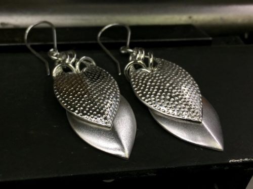 ujo_rocks_double_leaf_earrings_sterling_silver_frosted_hammered_front