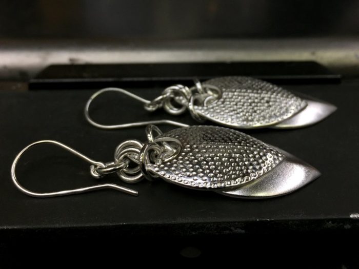 ujo_rocks_double_leaf_earrings_sterling_silver_frosted_hammered_side