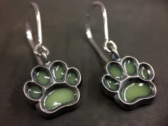 ujo_rocks_paw_earrings_sterling_silver_green_glow_in_the_dark_frosted_oxidised_daytime_front