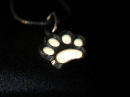 ujo_rocks_paw_pendant_sterling_silver_cotton_candy_glow_in_the_dark_frosted_oxidised_nighttime_front