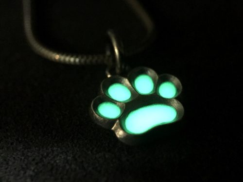 ujo_rocks_paw_pendant_sterling_silver_green_glow_in_the_dark_frosted_oxidised_nighttime_front